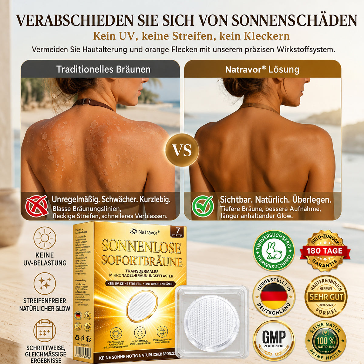 ⭐ 𝗡𝗮𝘁𝗿𝗮𝘃𝗼𝗿® Mikronadel-Bräunungspflaster: Natürlicher Bronze-Glow ohne UV & DHA